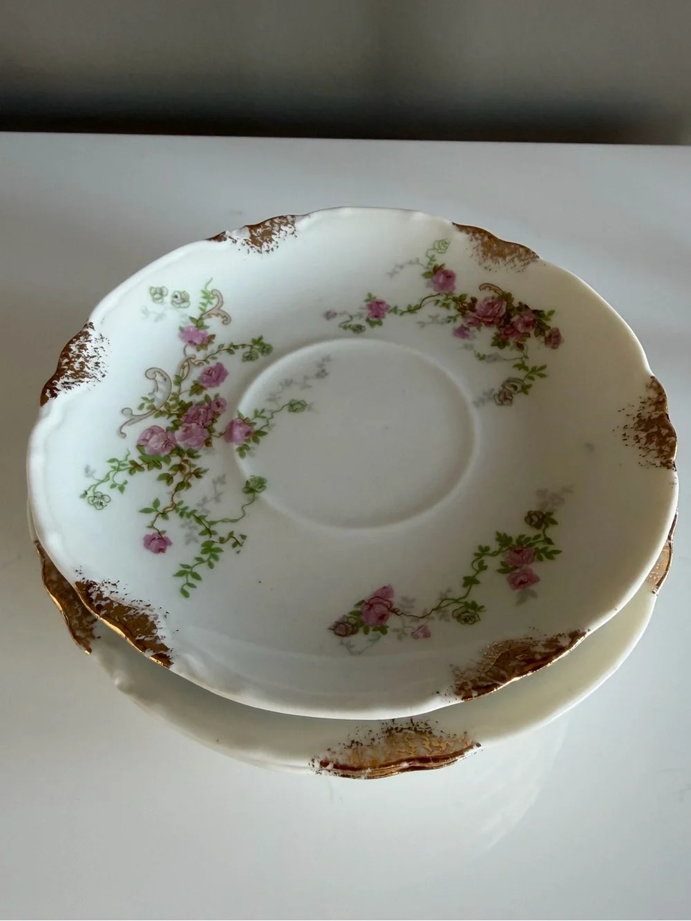 Delicate Pink Rose Porcelain Tea Cup Plates with Gold Trim- WARWICK SET OF 6